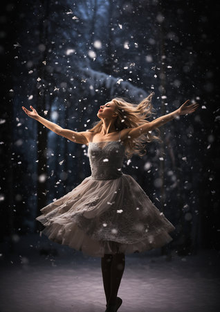woman white dress dancing snow floating perfume marketing ballet dancer blonde girl cosmic promotional jubilant blissful atmosphere reaching towards heavens snowing, generative aiの素材