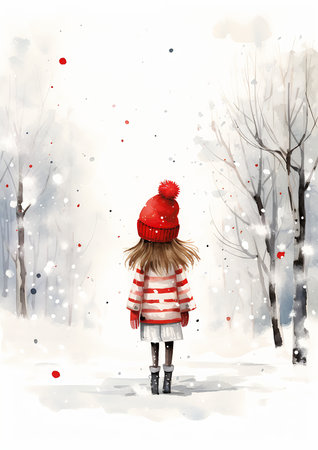 girl red hat striped coat walking snow illustration hopeless grey brave young penned thin color white cute bow hair faded memories standing alone frostbite bright day, generative aiの素材