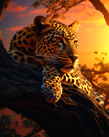 closeup leopard laying tree branch watching sunset bright seated royal ease looking away viewer kitty cat kitten photographs, generative aiの素材
