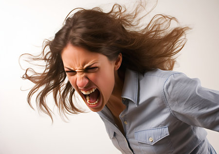 woman long hair blue shirt screaming anger wrath banner gruffness full head shoulders wearing designer top girl hoodie bump mapping forgiveness face shown bugbear, generative aiの素材