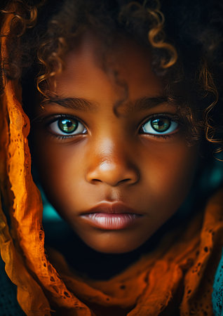 closeup scarf head gazing eyes small unusually unique beauty female sparkling hazel gorgeous nebula born brown face child hybrid jamaican amazing, generative aiの素材