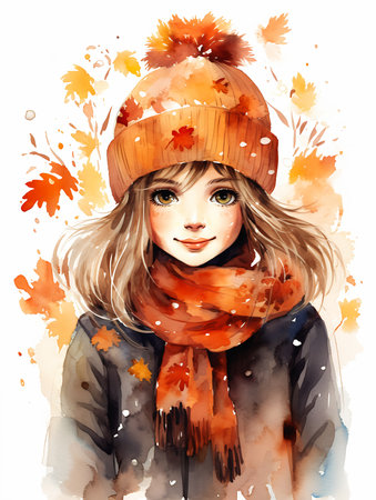 girl hat scarf leaves cartoon warm color advance half smile soul orange white ice manga nose body pastel, generative aiの素材