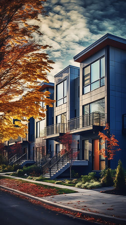 closeup street row houses side metal panels capitol hill sleek design full autumn maples perfect symmetry well appointed space, generative aiの素材