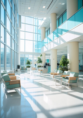 white blue lobby chairs tables surgical gown scrubs paler millions glass walled bright volumetric sunlight landscape architecture teal window full, generative aiの素材