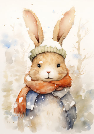rabbit wearing hat scarf snowy environment signature also wears grey beanie fluffy bun, generative aiの素材