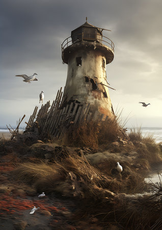 lighthouse small island seagulls flying decay deserted sandman show empty daylight serene post nuclear background, generative aiの素材