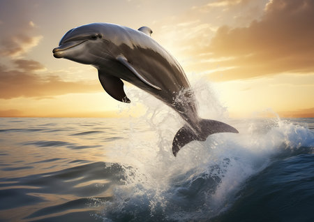 dolphin jumping out deep sunset promotional greeting warmly appearing background humanoid animal wonderful shading compass energy flowing modeled poser boat upbeat, generative aiの素材