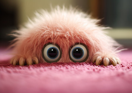 closeup furry animal big eyes pink blanket cartoon hairs lurking shag, generative aiの素材