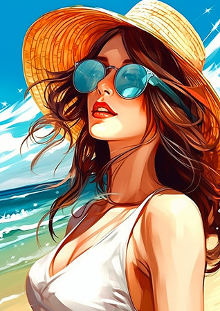 closeup woman wearing hat sunglasses cute endless summer sales shaded perfect body dynamic poster streaming sky ocean background, generative aiの素材