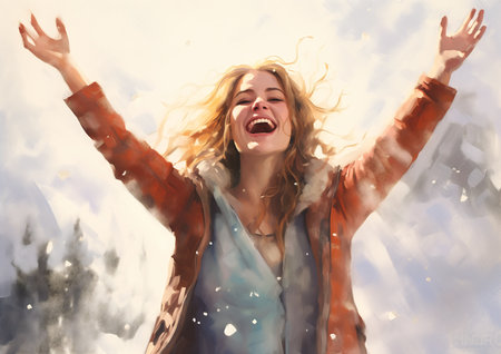 woman arms outstretched air winter sunshine lighting high mountains princess roberts expressions optimistic smile ecstatic snow closeup portrait digitally banner warm color clothes shouting leif, generative aiの素材