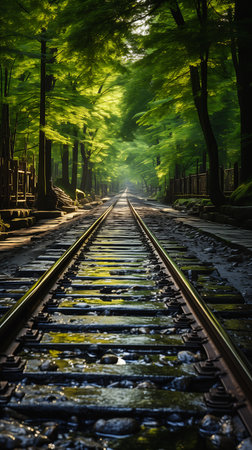 train track going forest brave past highly reflective light princess nature path enlightenment, generative aiの素材