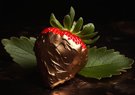 chocolate covered strawberry leaf black surface gold silver highlights cupid luxury lifestyle linens perfect drow, generative aiの素材
