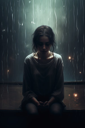 woman sitting rain eyes closed light helpless sadness personified portrait pouring natural prison grief hunched, generative aiの素材