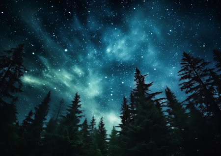 night sky stars trees evergreen forest young banner rugged anomalous object interconnected human cottage hippie naturalist uplit, generative ai