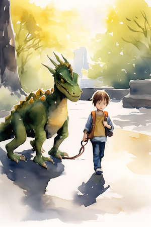 young boy walking dragon park promotional visual key manga mascot pets green clothing little journey, generative aiの素材