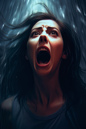 woman mouth open rain horror graphics glossy long flowing hair portrait panicking scared face promotional, generative aiの素材