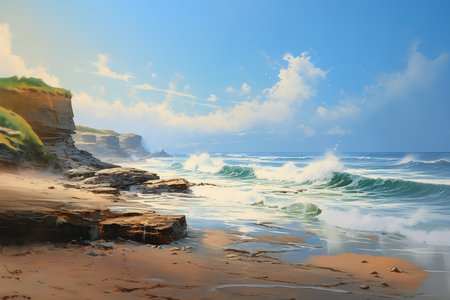 beach scene waves crashing shore australian summer landscape panoramic view cliffs young, generative aiの素材