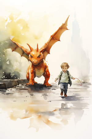 child walking dragon street orange guardian project computer red childhood friend video pet, generative aiの素材