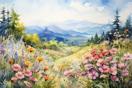 mountain landscape flowers trees top rated dreamy hazy daisies walking towards cover sunny, generative aiの素材