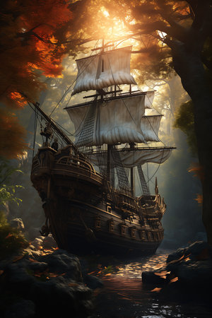 ship floating deep near tree galleon old forest fading leaves golden hour smuggler treasure room ships sails, generative aiの素材