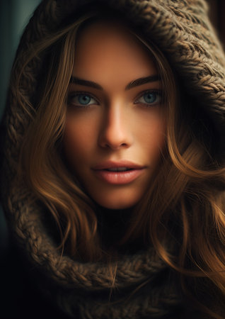 woman hood head scarf neck extremely gorgeous face long blonde hair blue eyes hoody olive skin huge lips portrait dating sweater, generative aiの素材