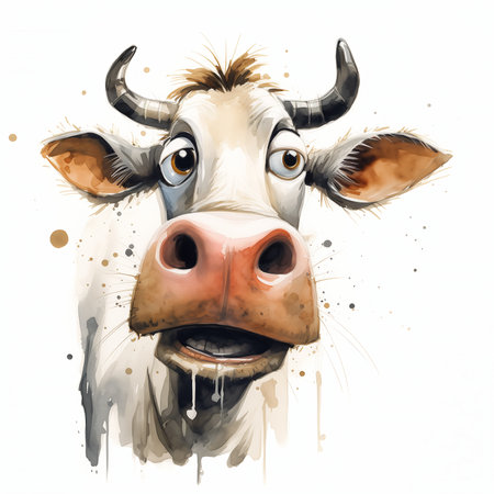 cow big nose illustration expressive surprised expression profile white chocolate spots cracked mud humorous milk, generative aiの素材