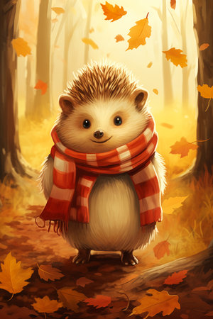 hedge autumn forest scarf leaves anthropomorphic hedgehog splash smiling wearing penguin, generative aiの素材