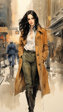 woman walking down city street trench coat streets graphic novel wearing casual clothes painted oil colors age, generative aiの素材