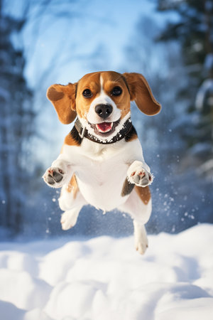 dog jumping air snow cute beagle excited expression big handling laboratory equipment deployed wings energetic beings patrolling humanoid animal, generative aiの素材