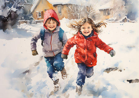 two children running snow house background classroom smiling faces painted bright deep color couple digitally, generative aiの素材
