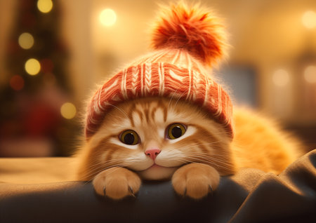 kitty cat kitten wearing knitted hat top bed cold pure color background round cute face waiting winter head turned side ginger cartoon adorable small dog staring viewer tired orange, generative aiの素材