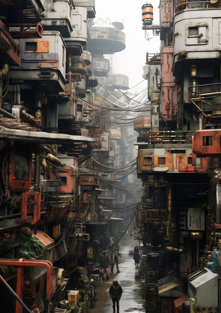 person walking down narrow street city landscape buildings covered still behind view promotional robot, generative aiの素材