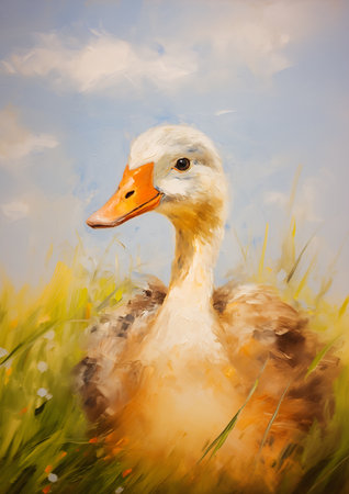 duck field grass sky background dutch oleo defense subject soft texture gooses amicable, generative aiの素材