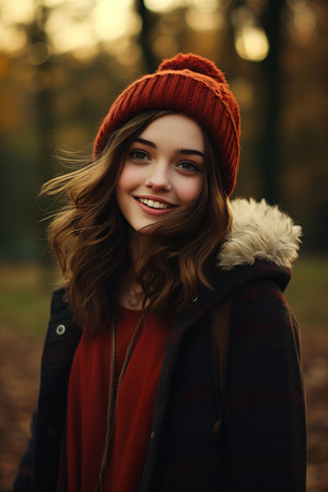 woman red hat black jacket teen girl natural hair cute smiling happy desirable short large eyes wood elf beanie distant expression, generative aiの素材