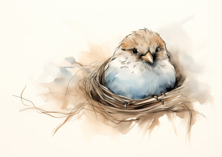 bird sitting nest blue egg illustration fluffy motherly old sketch tail, generative aiの素材