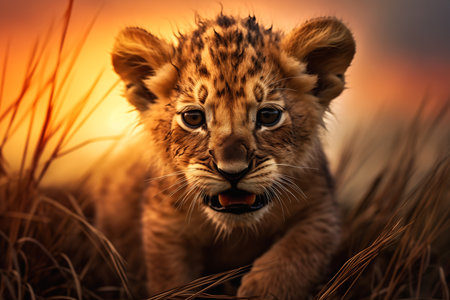 young lion cub walking tall grass stunning sunset extreme closeup portrait adorable appearance timid vulnerable expression hello world cheerful crouching cautious, generative aiの素材
