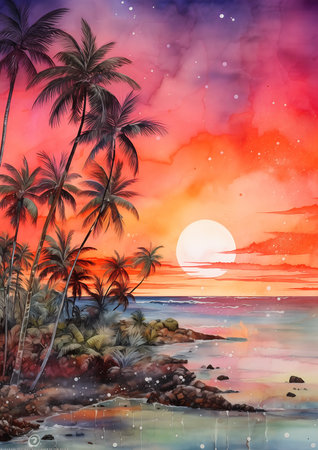 sunset palm trees body deep store intense paradise magical dreamy wall, generative aiの素材