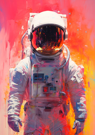astronaut white space suit red background industrial equipment explosion color page vibrant neoimpressionist, generative aiの素材