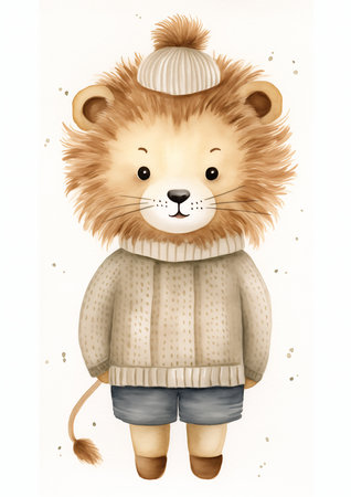 drawing lion wearing sweater hat illustration beige cute little thing king weather report merlin princess, generative aiの素材