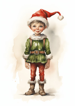 boy dressed green red outfit elvish cartoon blond small stature smiling playfully elf silvery skinned city little kid aliased, generative aiの素材