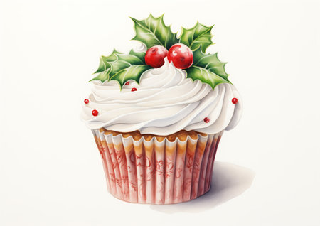 cupcake frosting holly leaves top illustration music album cover festive atmosphere cute drawing glazed ceramic princess retro, generative aiの素材