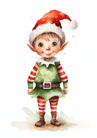 little elf santa hat aliased smiling city encyclopedia illustration drawing two pointed ears boots boy, generative aiの素材