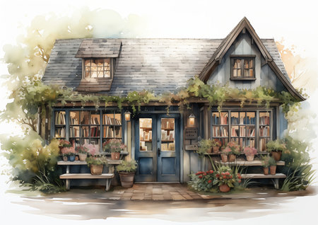 house bench outside store standing inside magic library whitesmith french village exterior nest leaning towards net bakery pencils, generative aiの素材