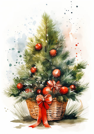 basket decorations tall tree digital floating bouquets distant knotted branches next pot plants small hat open hand sparse trees, generative aiの素材