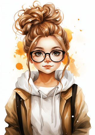 girl glasses hoodie hair two buns teen unique styles neutral sky cute little thing orange tone princess military determined adorable design russian academic tulip, generative aiの素材