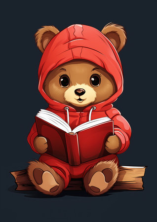 cartoon bear red hoodie reading book wallpapers streaming adorable cute features mod young child, generative aiの素材