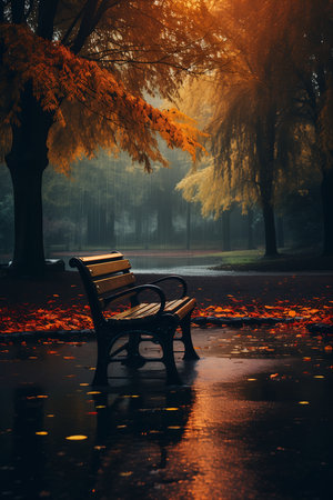 bench middle park leaves ground evening during rain world silence city sitting chair autumn dusk pale yellow sky romantism, generative aiの素材