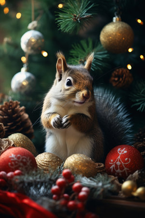 squirrel sitting table ornaments heavily innocence mischievous bells restoration touching tree forest pet animal merry surprise, generative aiの素材