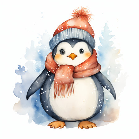 penguin wearing hat scarf snow shaded flat illustration small chest painted cold color temperature colored emote rust gloves clothing drop russian clothes, generative aiの素材
