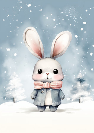 cartoon rabbit wearing coat scarf cold pure color background personal data avatar snowflakes defense full, generative aiの素材